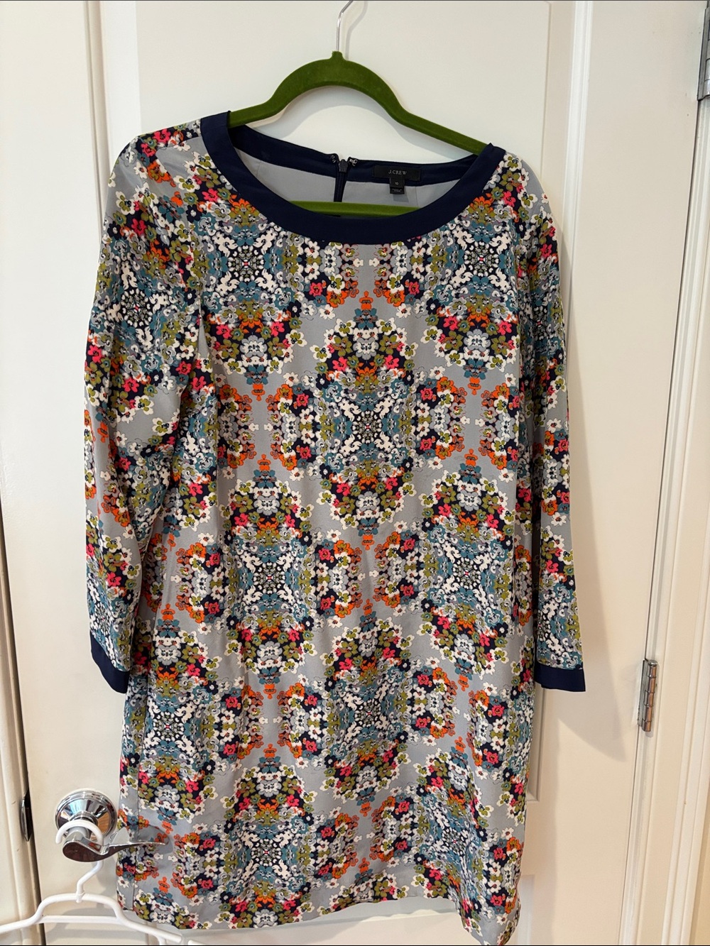 J Crew Floral Pattern Shift Dress - Navy Trim Silk